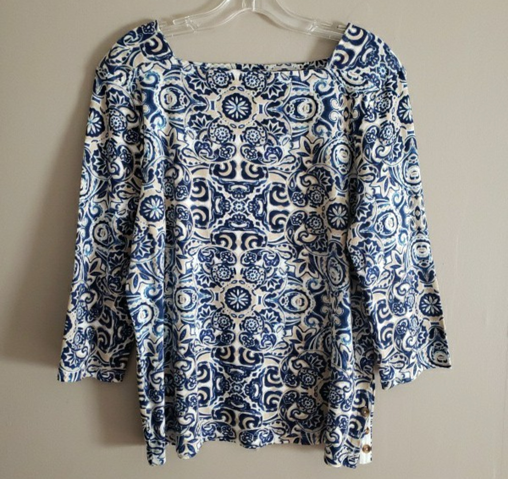 Chico's Supima Cotton Blue Geometric Pullover Top Sz 3/XL Square Neck 3/4 Slv